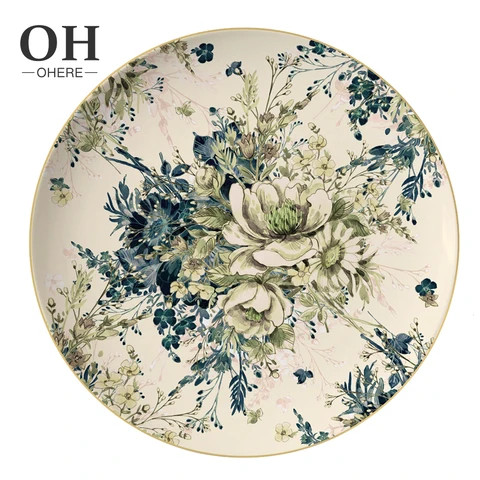 Bone China Dinner Set Luxury Green Leaves 4pcs Plate Set Wedding Dinnerware Set Art Decor Tableware for Event&Catering&Rental