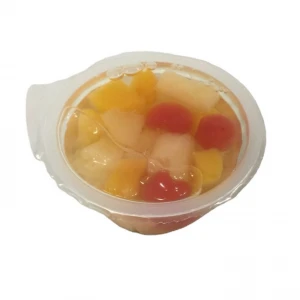 Canned mix fruits syrup pineapple grape cherry peach pear fruit cocktail in plastic cup
