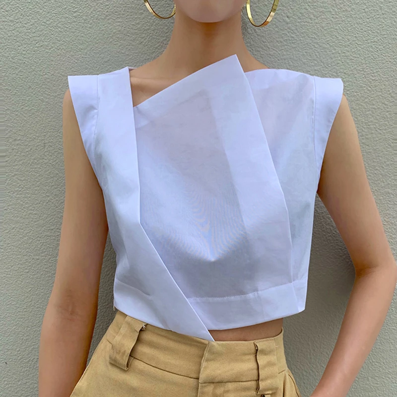 CHICEVER Irregular Short Women Shirt  Sleeveless Summer Elegant Blouses  2020 Fashion Clothing