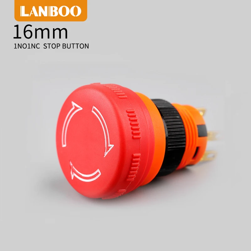 China Brand LANBOO 16mm Plastic Mushroom emergency stop push button switch 6Amp current 1NO1NC RED head Stop Switch