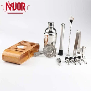 Cocktail Shaker Set with Stylish Bamboo Stand Perfect Home Bar Tool Set and Professional Martini Bartender Kit