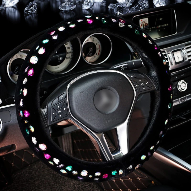 Colorful Crystal Car Steering Wheel Covers Diamond Crystal Plush Steering Wheel Cover Car Interior Accessories Girls Women