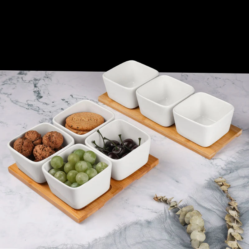 Custom White Ceramic Serving 3/4  Compartment Snack Finger Food Dishes Set with Bamboo Tray