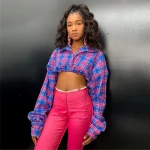 dvacaman trendy new arrivals 2021 casual  crop top turn-down collar long sleeve plaid blouse shirt