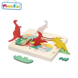 Educational DIY wooden toy animals dinosaur puzzle set for children