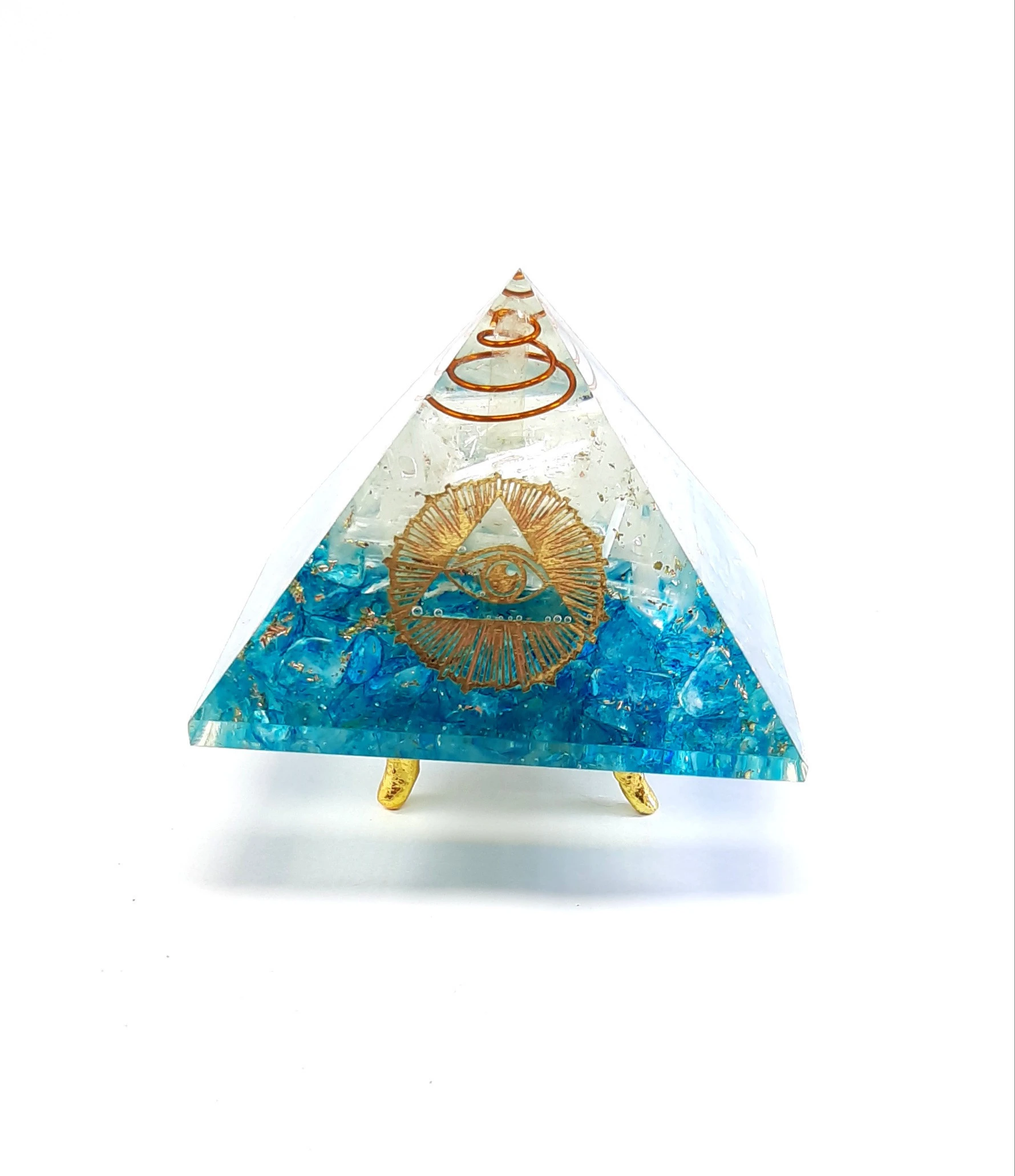 Energy Generator Selenite Crystal Stone with Aqua Marine Onyx Stone Orgone Pyramid | with Horse Eye Metal Logo