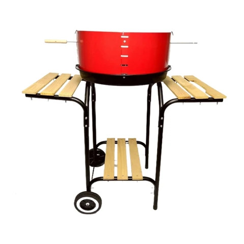 Factory Wholesale round shape red windproof with wood table trolley mini charcoal camping bbq grill for outdoor