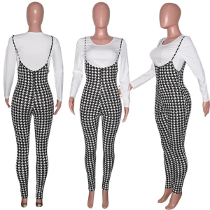 fall long sleeve white t shirt top with plaid suspender jumpsuit set two piece outfits