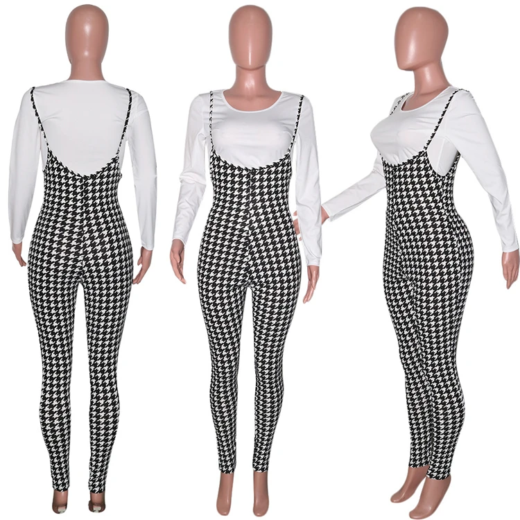 fall long sleeve white t shirt top with plaid suspender jumpsuit set two piece outfits