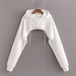 fashion style curved short hoodies for women  drawstring short hoodies women solid custom sweatshirt