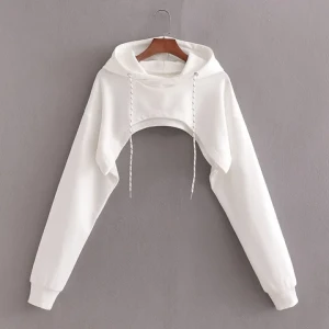 fashion style curved short hoodies for women  drawstring short hoodies women solid custom sweatshirt