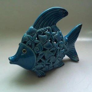 Good Quality blue fish shape ceramic decoration with led