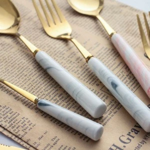 Gray red marble Ceramic Handle  Stainless Steel main knife fork Spoons flatware cutlery Sets
