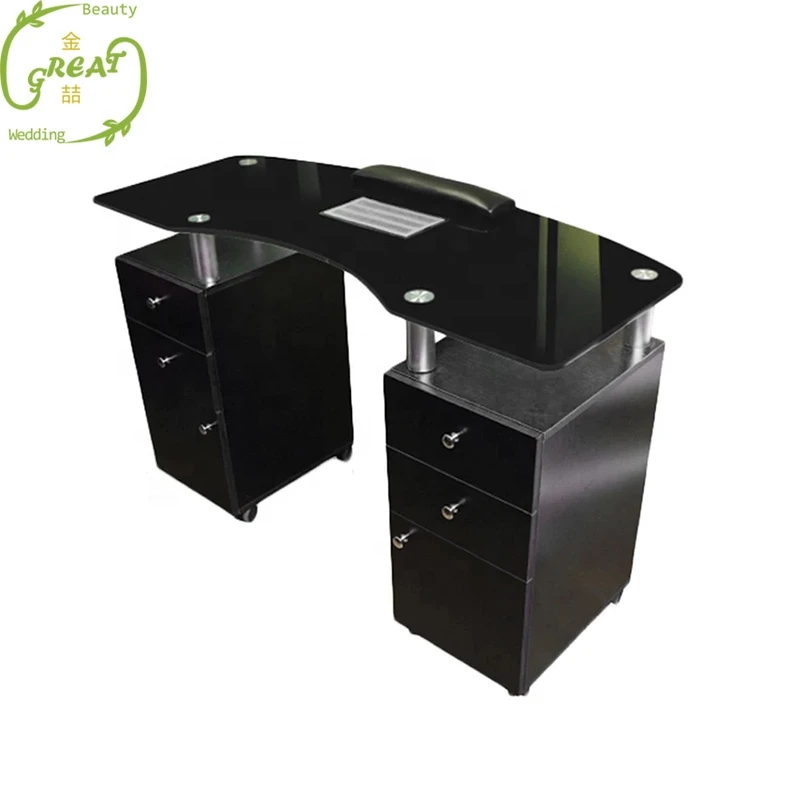 Great Foshan Factory Hot Sale Modern Black Nail Salon Manicure Table With Glass Top