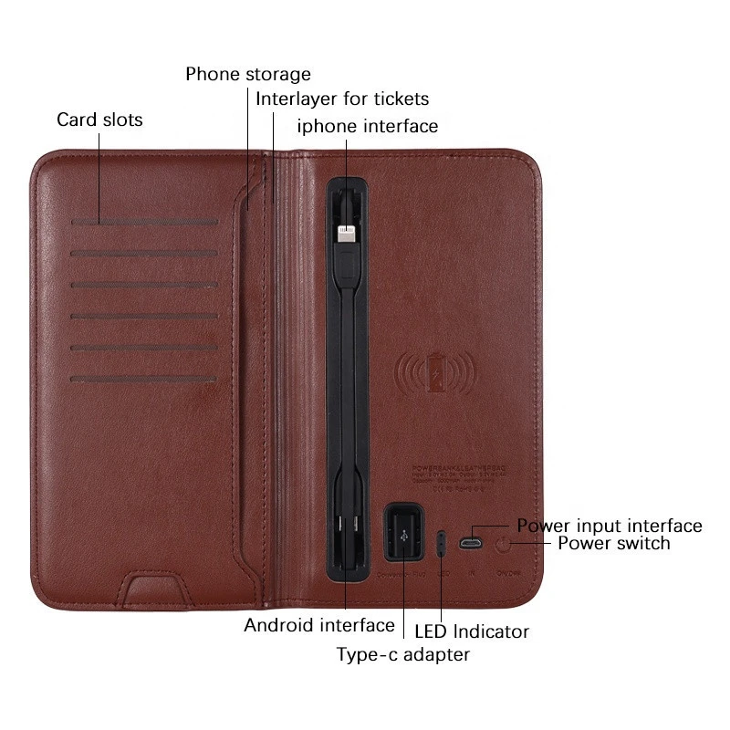 High Quality PU Leather Wallet Business Card Portable Wireless Charger Power Bank Wallet for Men
