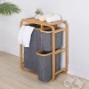 Home Laundry Hamper Basket with Shelf Bamboo Frame Removable Cloth Bag Storage Rack