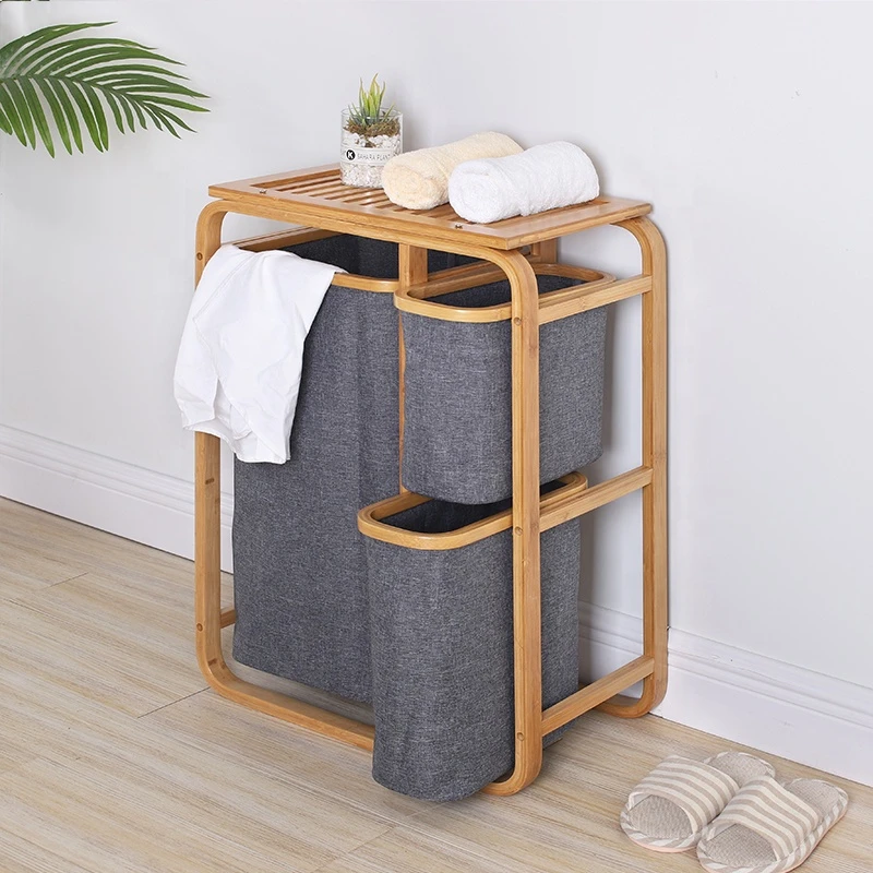 Home Laundry Hamper Basket with Shelf Bamboo Frame Removable Cloth Bag Storage Rack