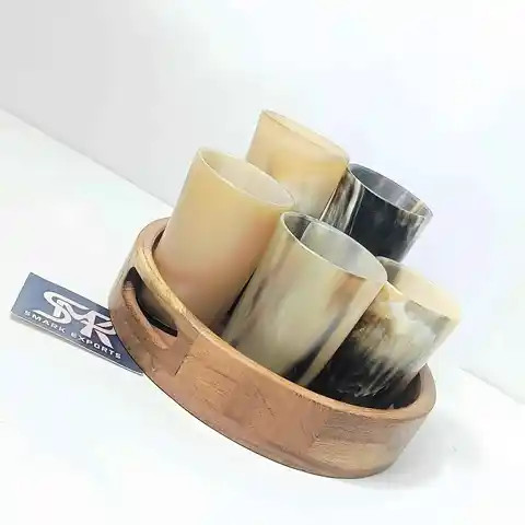 HornCraft Beer Horn Set  Premium Quality Set of 5 Buffalo Horn Drinking Glasses with Wooden Tray Combo Wholesale Prices