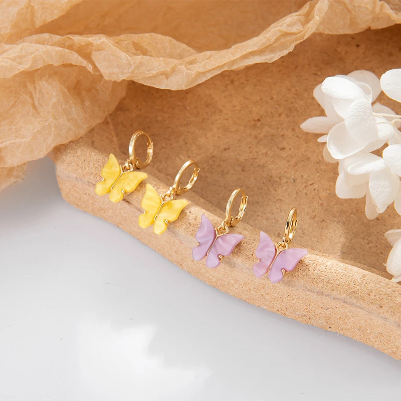 Hot Sale Color Acrylic Butterfly Dangle Earrings Real Gold Plated Glitter Acrylic Butterfly Earrings