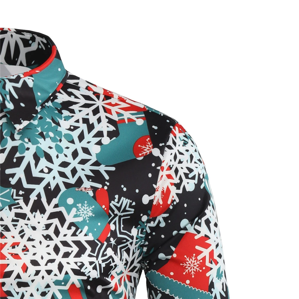 Hot Sale New Men Shirt Snowflake Digital Print Long-sleeved Christmas Series Mens Clothing