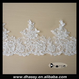Hot sell 100% polyester hand beaded fancy embroidery lace trimming for bridal veil
