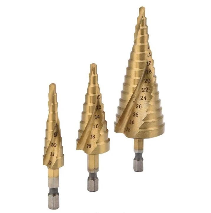HSS Titanium Coated Spiral Grooved Step Drill 3-Piece Set Hole Cutter 1/4inch Hex Shank