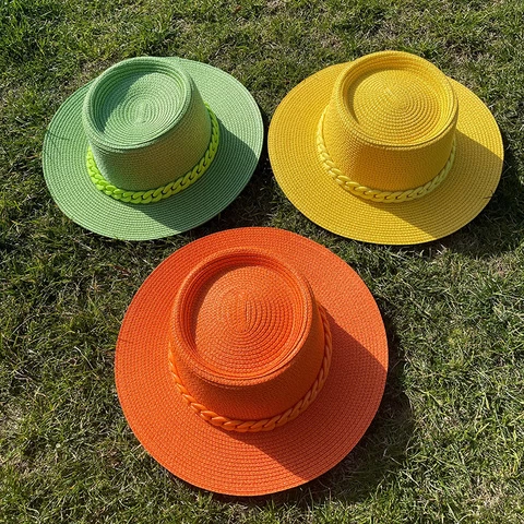 HT-1452 Summer Sun Beach Hat 2022 Many Colors Chain Straw Fedora Designer Oversized Beach Hat