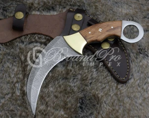 Hunting Knife 10" Damascus Steel Karambit Knife w/ Sheath Exotic Olive Wood Handle w/ Thumb Hole