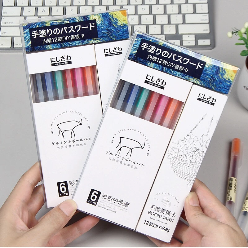 Japanese Version Creative DIY Handle pen with color card, Gel ink pen set colorful 6pcs/pack