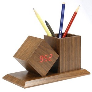 KH-WC010 Customized Logo Modern Office Desk Wooden LED Digital Alarm Promotion Gift Table Clock with Pen Holder