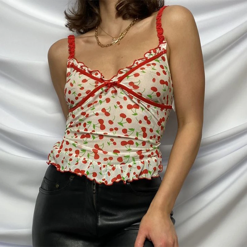 KHG4598 New girl cherry print mesh see through stitching sexy camisole women crop top