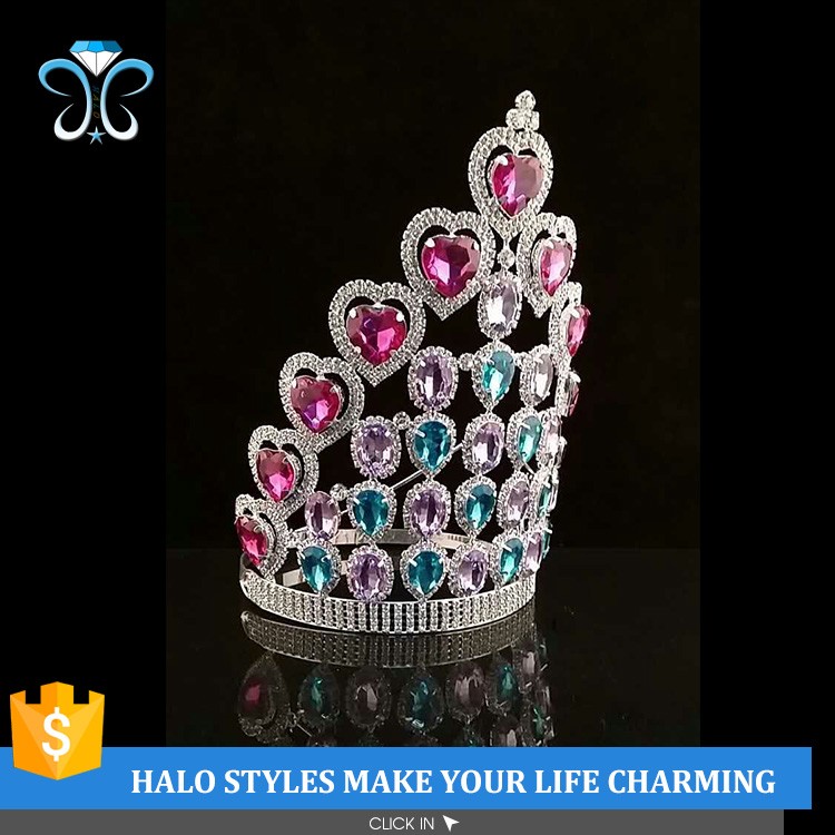 Large Drop stone New Arrival Custom Design Tall Pageant Pink Blue Purple heart Crown Tiara H172-318
