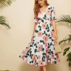 Loose Draw Back Thin Long V-Neck Short Sleeved Floral Printed Sweet Ladies Casual Wholesale Summer Beach Dress Women 2021