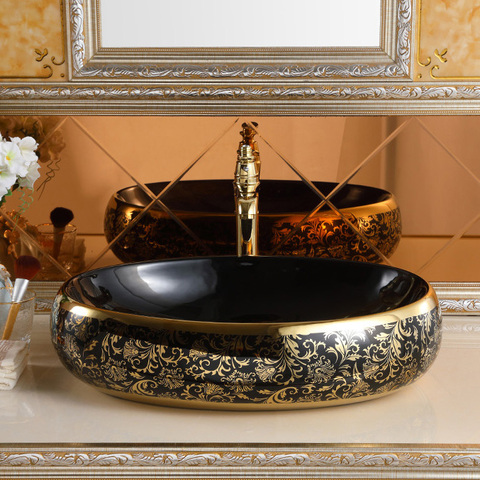 Buy Luxury Modern Vessel Lavabo Oval Art Basin Ceramic Gold Black ...