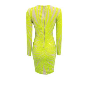 Luxury Women night out Clothing Lime Green Neon Sequin Mesh Club night out Party Dress F2041
