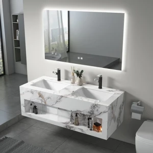 Modern Hotel Marble Basin Sink Cabinet Smart  Rock Plate Bathroom Vanity Led Mirror