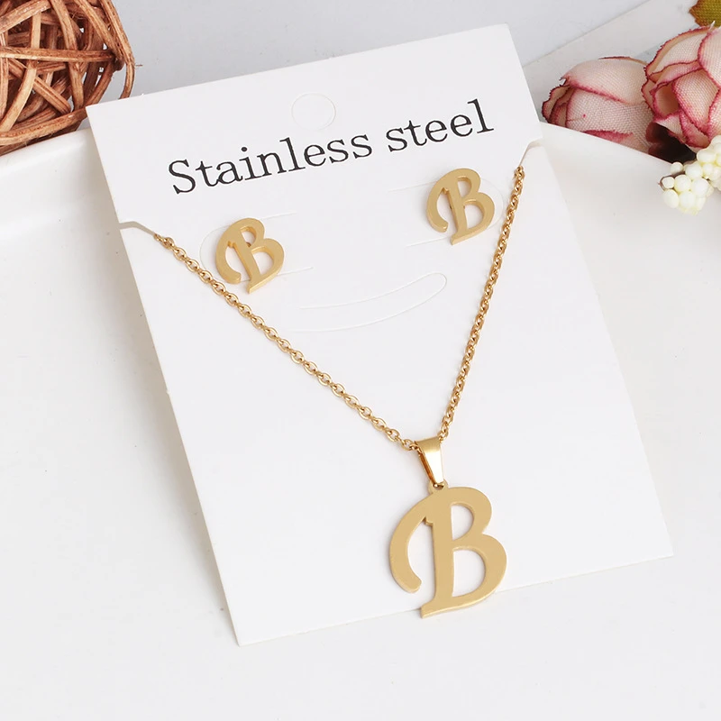 New Arrival 18k Gold Delicate Stainless Steel Jewelry Letter Pendant Necklace Stud Earrings Sets