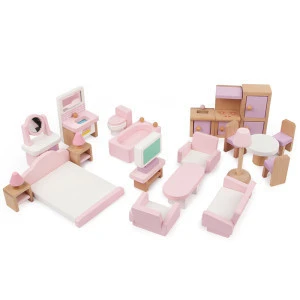 New Design Pink Small Dollhouse Furniture Classic Wooden Furniture Set For Kids