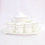 New Gold Rim Porcelain Pure White Ceramic Coffee Cup 6pcs Set And Saucer China Tea Pot Set