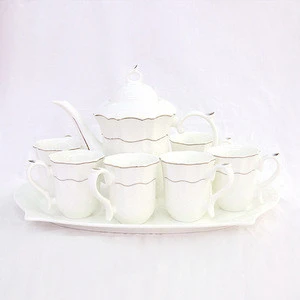 New Gold Rim Porcelain Pure White Ceramic Coffee Cup 6pcs Set And Saucer China Tea Pot Set