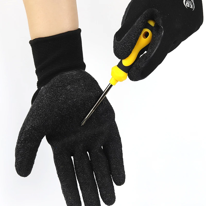 Nylon latex Gloves 13G black Prevent slippery crinkle wear-resisting Custom Safety Work Gloves