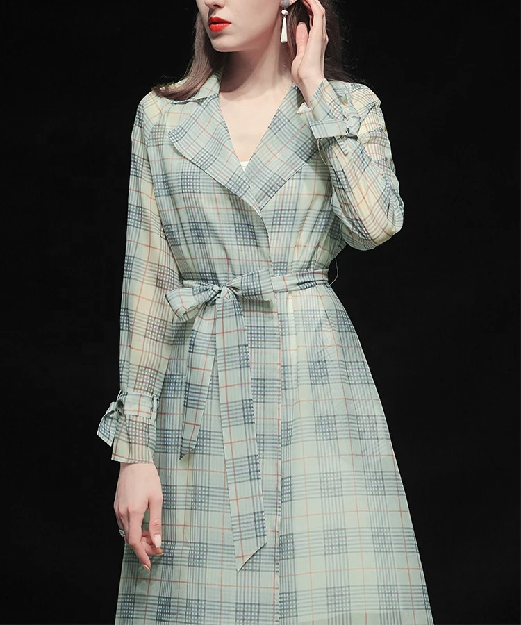 OEM Long British Style Printed Organza Check Casual Belt Trench Coat