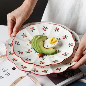 Original 6 8 10 inch hand-painted cherry cute lace plate domestic ceramic wester flat plate tray  dessert dish