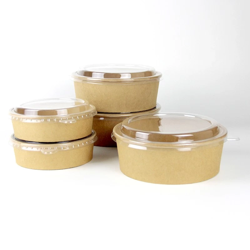 PE PLA Coating Disposable Brown Kraft Paper Salad Bowl With Lid For Rice Salad Noddles Or Other Food