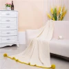 Pompom Bed Couch Throw Blankets Cozy Cotton Cable Knitted Couch Cover Blanket with Pompoms