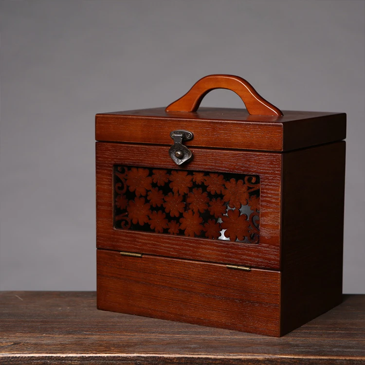 Portable Vintage Wooden Makeup Storage Box Train Case Cosmetic Organizer Caddy Tote w/ Mirror & drawer