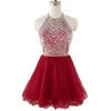 PS-24  Burgundy Short Homecoming Dresses Halter Sequins Beads Crystals Puffy Skirt Cocktail Party Gown Junior Prom Dresses