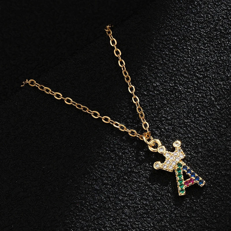 Rainbow Color Rhinestone Crown Pendant Necklace Stainless Steel 26 English Letter Pendant Necklace