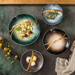 Retro creative bamboo fruit set plate Japanese ceramic home hotel restaurant tableware cake snack vegetable salad fruit plate