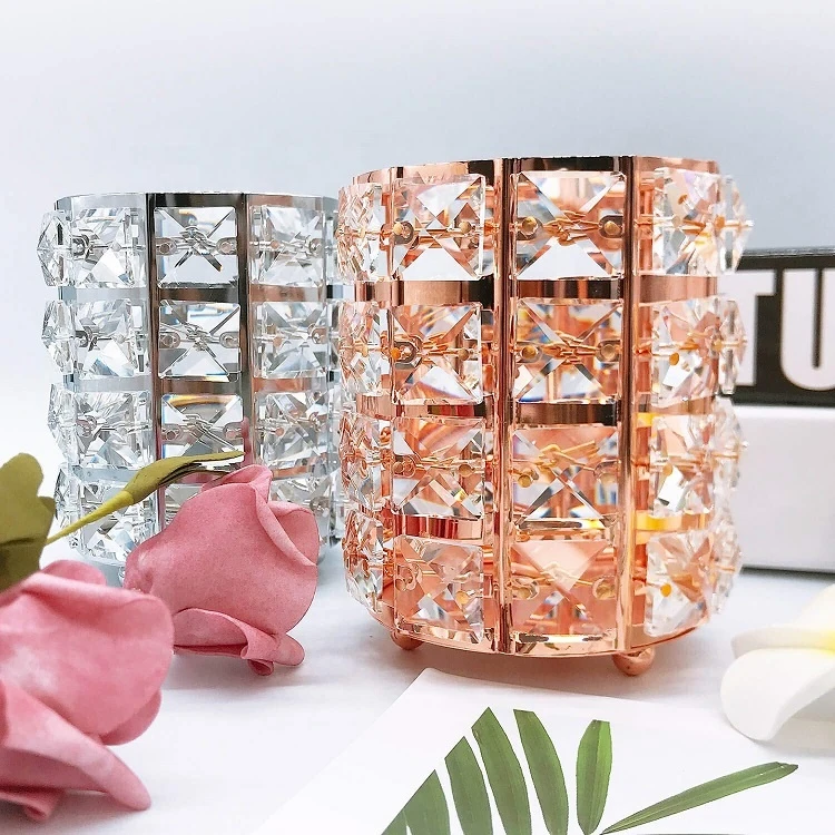 Rose Gold Makeup Brush Holder Crystal Vanity Tool Display Organizer Container Pencil and Diamond Make Up Storage Cup Round
